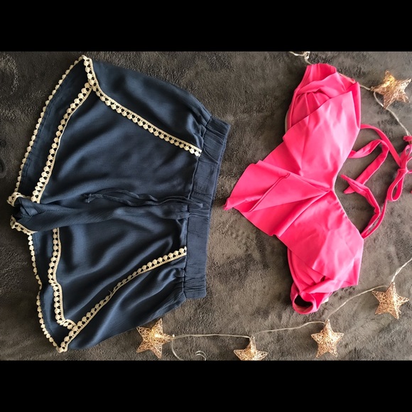 NWOT Boho blue and white shorts weaved trims - Picture 6 of 8